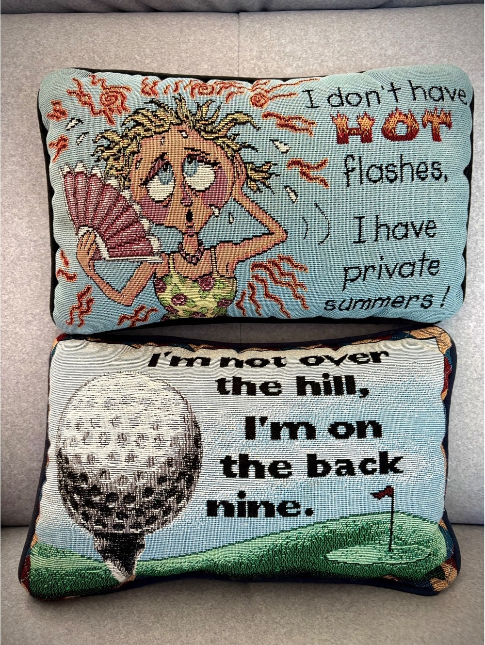 Two Whimsical Lumbar Pillows.  12 x 7.5 inches.